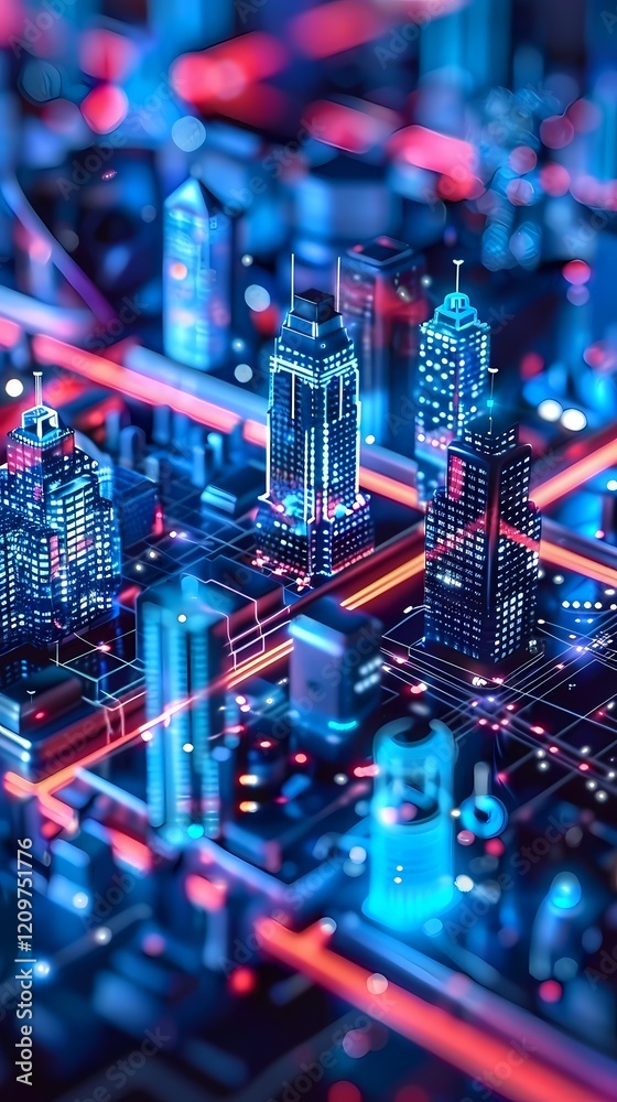 Obraz premium digital technology red and blue cyberpunk city poster background