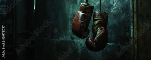 Professional boxing gloves hanging on a dark wall, sports energy.