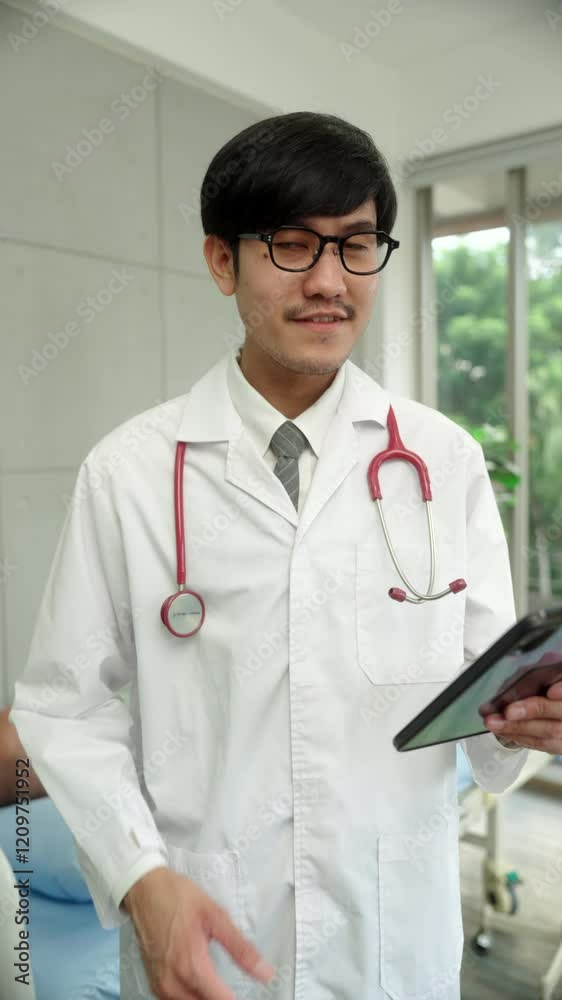 Vertical portrait of happy young asian doctor wearing white gown uniform with stethoscope and holding tablet together thumbs up to camera in hospital room, professional medical staff concept. Vertical portrait of happy young asian doctor wearing white gown uniform with stethoscope and holding tablet together thumbs up to camera in hospital room, professional medical staff concept.