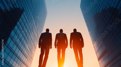 Silhouettes of Success: Three confident businessmen walk toward the horizon, backlit by the warm glow of the setting sun, a powerful visual metaphor for ambition, progress, and collaboration.