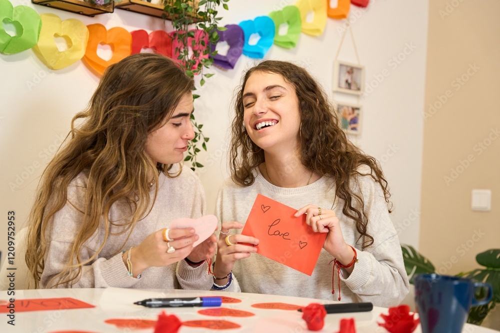 Fototapeta premium Lesbian couple crafting valentine's day decorations at home