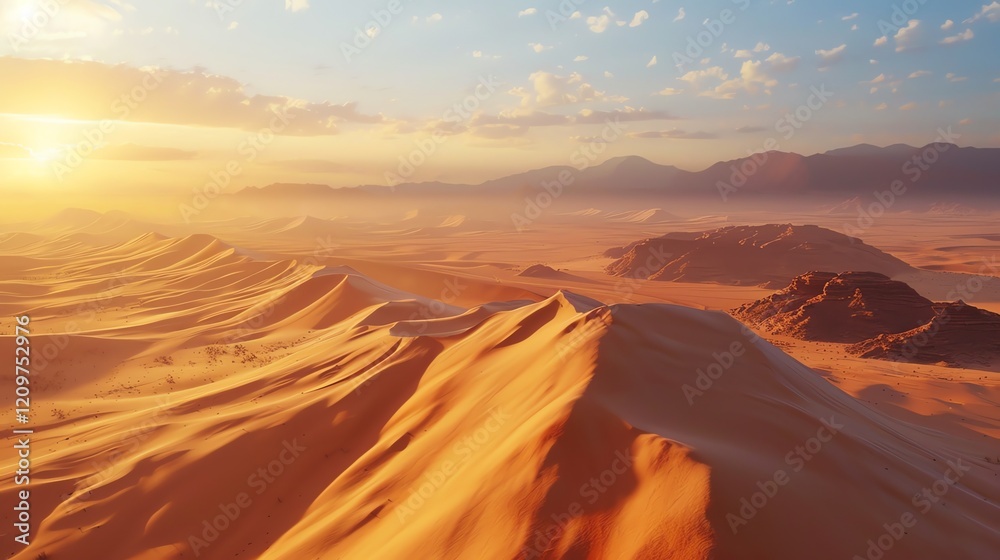 Naklejka premium A vast desert landscape with a sunset over the mountains in the distance.
