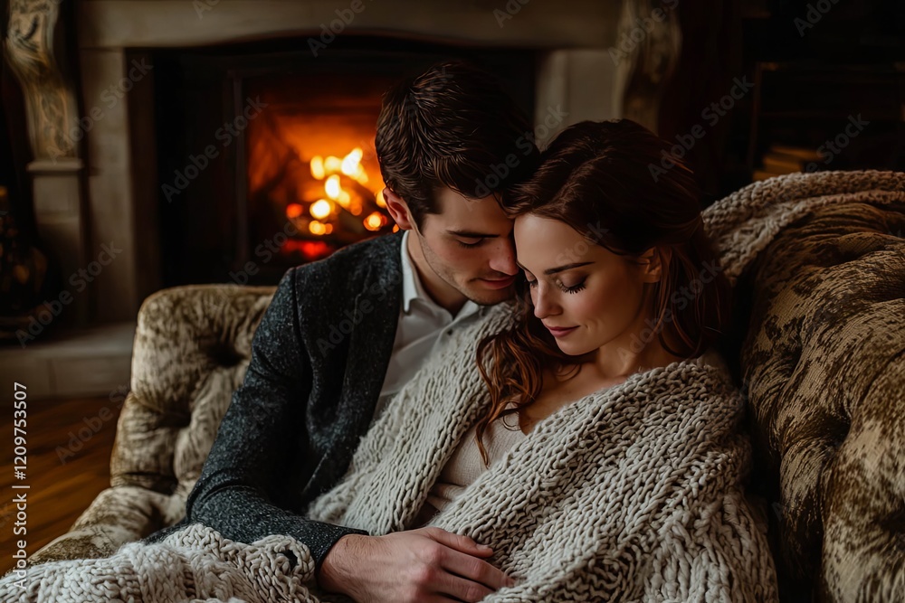 Couple sitting on a sofa, wrapped in a cozy blanket, with a fireplace in the background. Couple sitting on a sofa, wrapped in a cozy blanket, with a fireplace in the background.