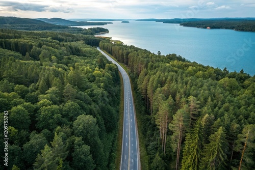 aerial veiw of empty road in green forest with the blue lake. drone shot