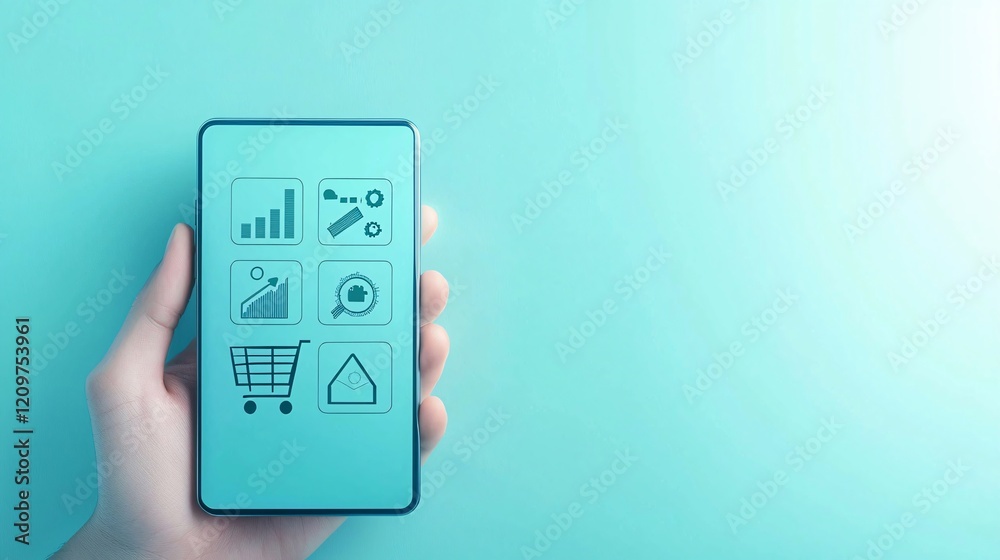 shopping cart with mobile concept. Hand Holding Smartphone with Analytics and Shopping Icons