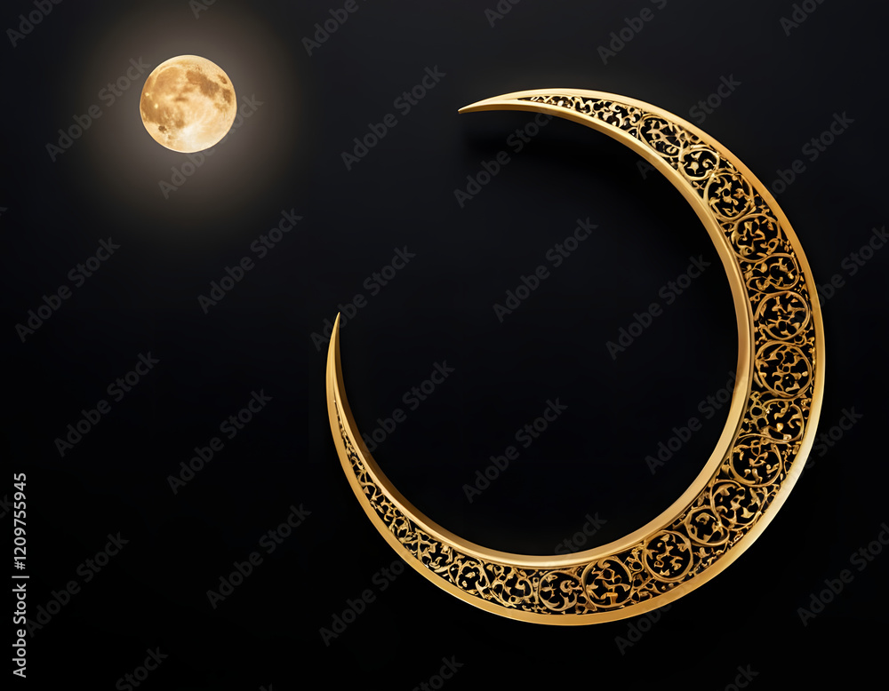 golden moon and stars on black background, golden crescent moon on dark background with copy space for the holy month Ramadan Mubarak 