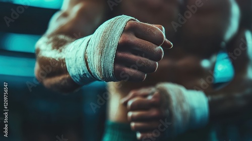 Boxers Focused on Wrapping Hands with Bandages in Training Environment