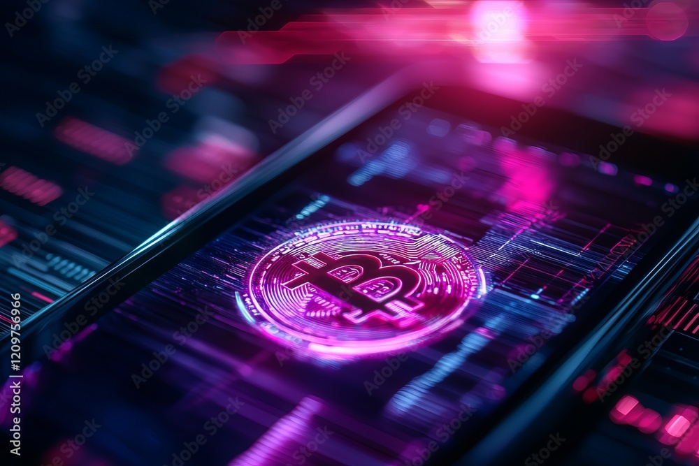 Obraz premium A vibrant smartphone displays a glowing Bitcoin symbol, set against a futuristic digital backdrop, representing cryptocurrency and technology.