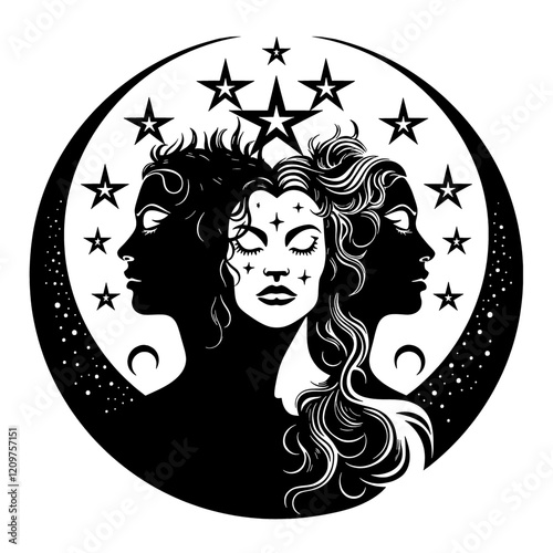 Triple Moon (Triple Goddess) – A Mystical Representation of the Maiden, Mother, and Crone. Perfect for Pagan, Wiccan, and Spiritual Art, Rituals, and Decor. Cycles of Life, Feminine Energy, and Lunar 