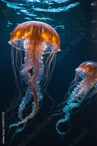 Glowing jelly fish in the deep sea