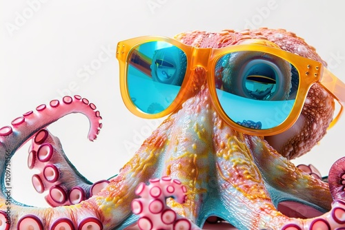 A playful octopus with tentacle-shaped sunglasses, perfect for a commercial ad.blank templated, rule of thirds, space for text, isolated white background neon light, extreme right, rule of third photo