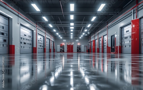 Functional firehall with durable flooring, bright lighting, and spacious interior. Designed for practical operations and quick mobility.