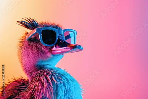 A quirky platypus sporting duckbill-shaped sunglasses, perfect for an editorial.blank templated, rule of thirds, space for text, isolated white background neon light, extreme right, rule of third photo