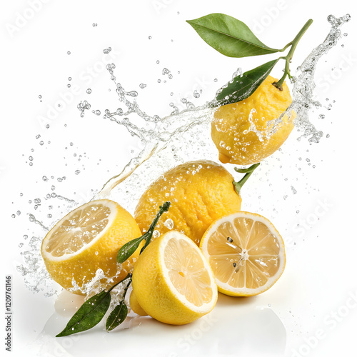 Fresh and delicious lemons splashing with vibrant green leaves against a clean white background