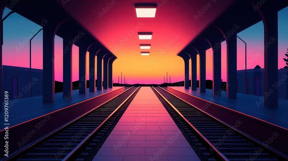 Conceptual glowing train station with fluid organic shapes, urban exploration, 3D illustration Conceptual glowing train station with fluid organic shapes, urban exploration, 3D illustration