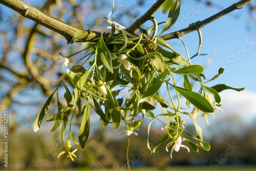 Parasitic plant growing on a tree branch in nature photo