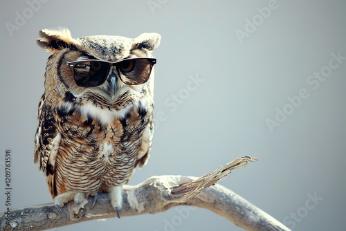 A wise owl perched on a branch, gazing through sunglasses for an editorial ad.blank templated, rule of thirds, space for text, isolated white background neon light, extreme right, rule of third photo