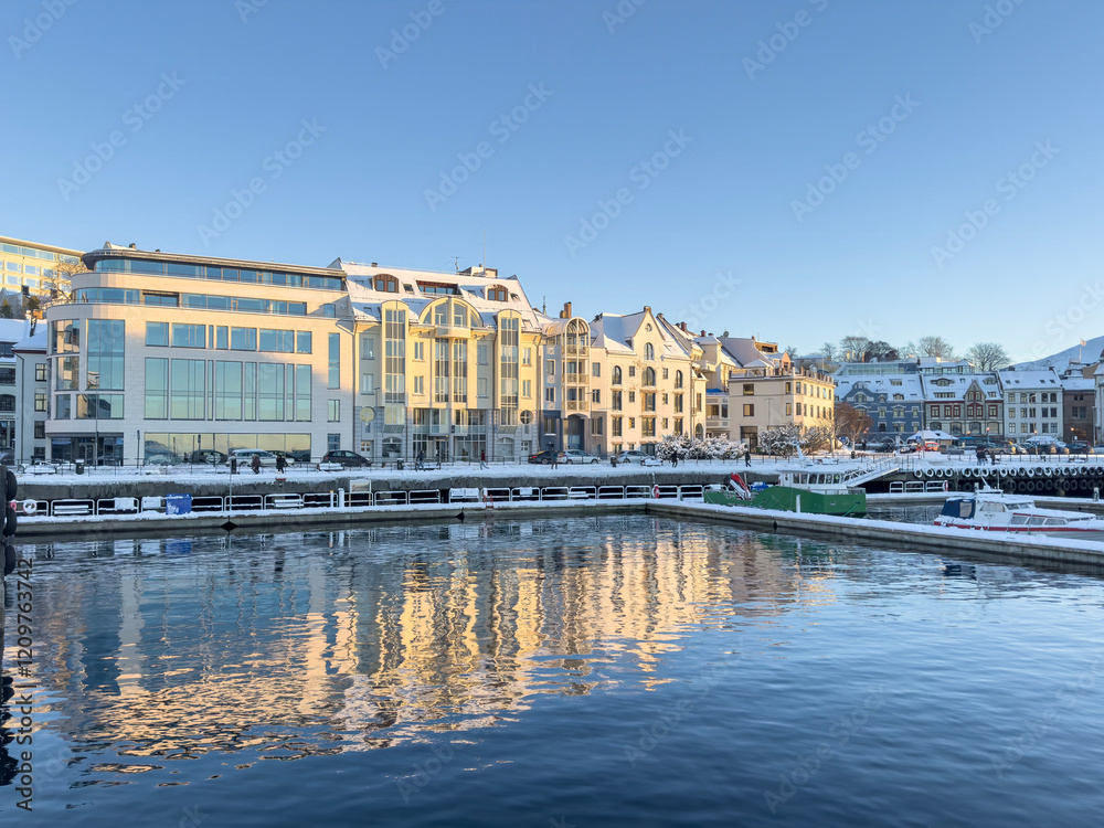 Naklejka premium Aalesund city (Ålesund) harbor on a beautiful day. Møre and Romsdal county