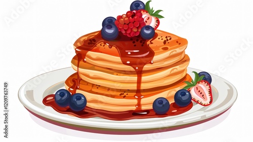 Delicious Pancakes Plate Cartoon Icon with Berries - Sweet Dish for Design
