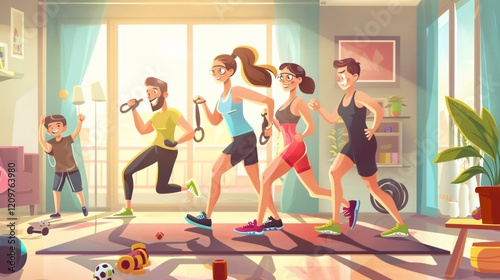 Family Fitness: Parents and Kids Training Together in Home Gym Interior