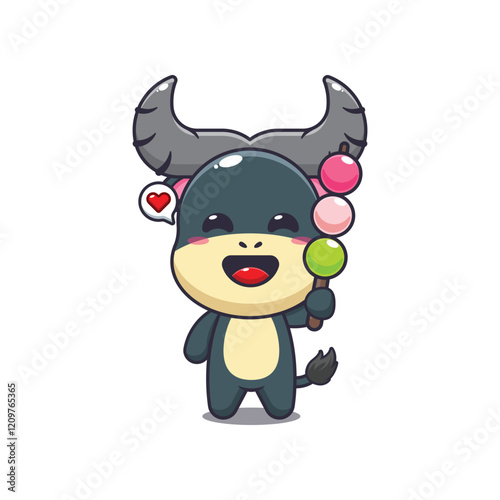 buffalo mascot cartoon character vector illustration eating dango.