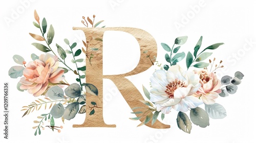 Elegant Floral Letterhead Alphabet with Watercolor Letter R Design