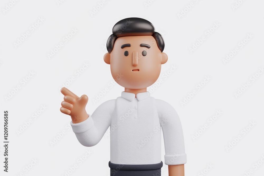 A 3D cartoon man with a questioning expression, pointing to something. A 3D cartoon man with a questioning expression, pointing to something.