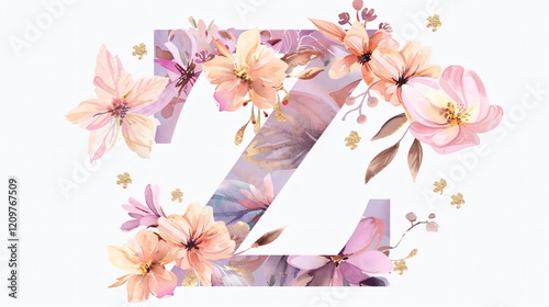 Elegant Watercolor Painting of Letter Z Decorated with Delicate Flowers and Leaf