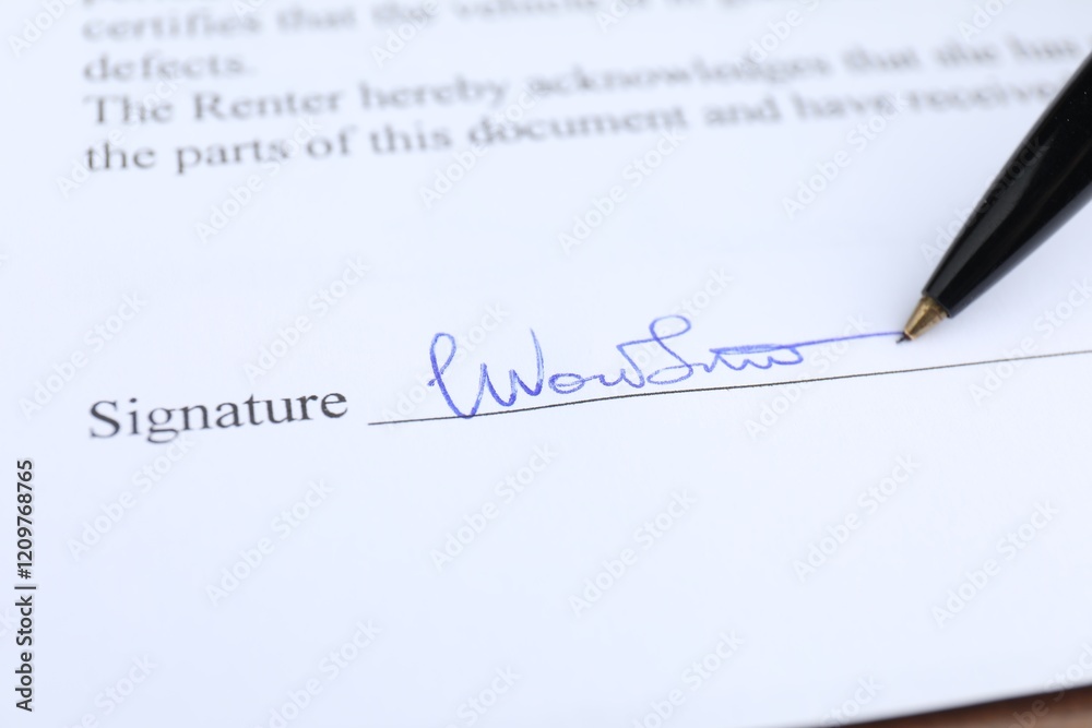 Ballpoint pen leaving signature on contract, closeup Ballpoint pen leaving signature on contract, closeup