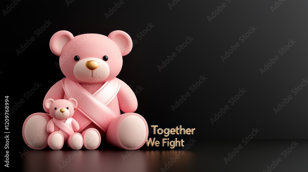 Obraz premium A cute pink teddy bear with a smaller companion, both wearing bandages, symbolizes support and togetherness in facing challenges. Encouraging words for World Cancer Day.