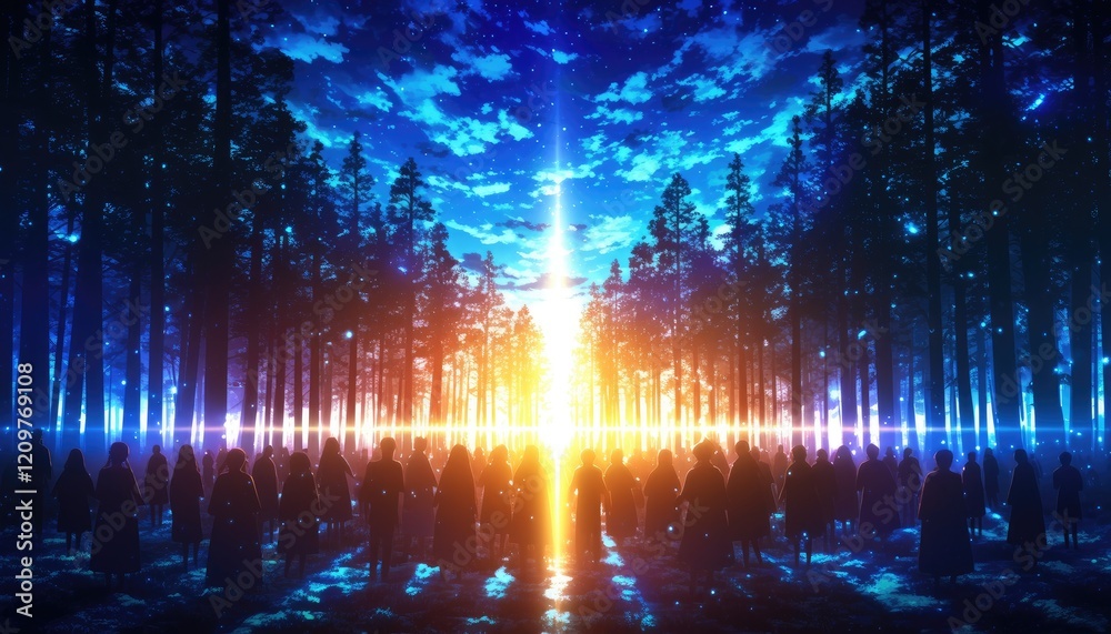 Fototapeta premium Silhouetted figures gather in a mystical glowing forest