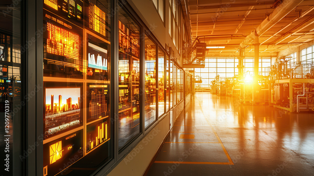 Fototapeta premium futuristic steel plant control room with holographic displays and glowing sunlight