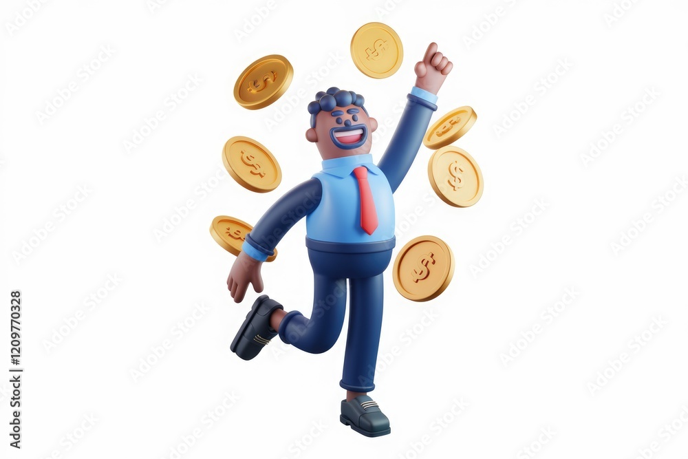 Joyful 3D cartoon businessman celebrates financial success with coins.