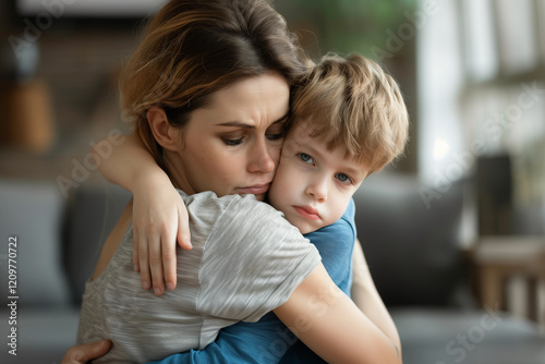 A caring mother holds her frustrated son in a warm embrace, offering comfort and support in their inviting living room on a peaceful afternoon