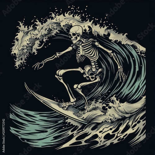 A dynamic illustration of a skeleton riding a massive wave on a surfboard. The skeleton wears surf shorts, and the flowing water details create a dramatic and energetic composition.