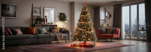 Colorful tinsel Christmas tree in a living room, tinsel, bright, tree