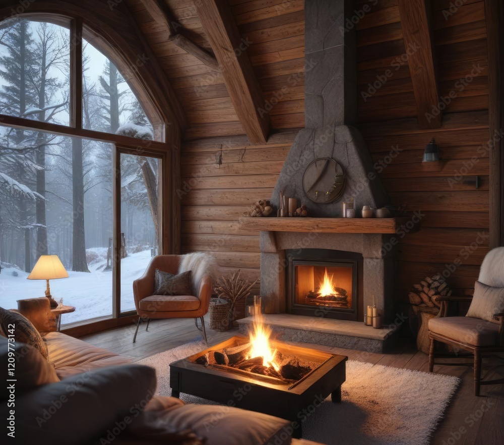 Fototapeta premium cozy cabin by the fireplace on a winter morning, warm light, peaceful silence
