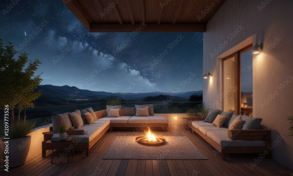 Fototapeta premium Cozy seating area on a house balcony with a built in fireplace under starry night sky , evening relaxation, fire pit seating, comfortable seating
