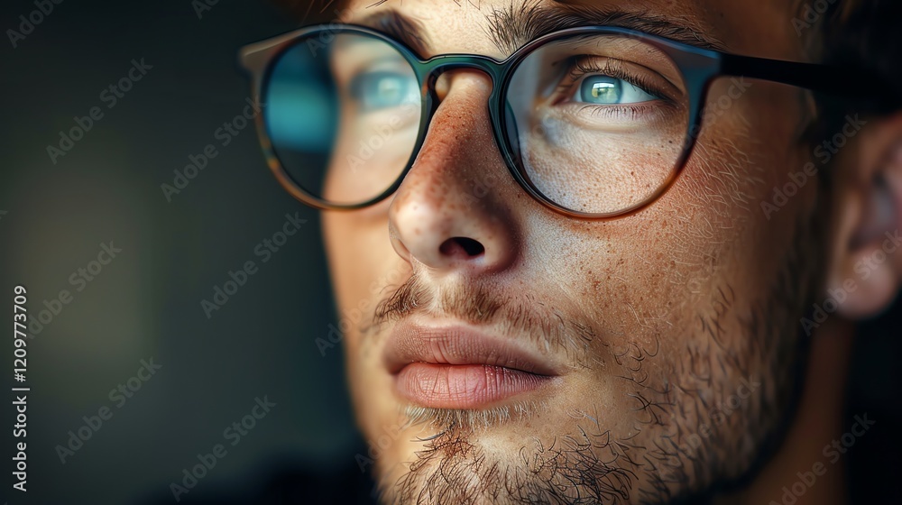 A close-up portrait of a young man with brown hair and a beard, wearing round glasses. A close-up portrait of a young man with brown hair and a beard, wearing round glasses.