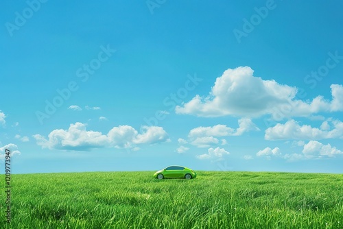 Eco friendly car development; clear ecology driving; no pollution and emmission transportation concept. green car icon on fresh spring meadow with blue sky in background photo