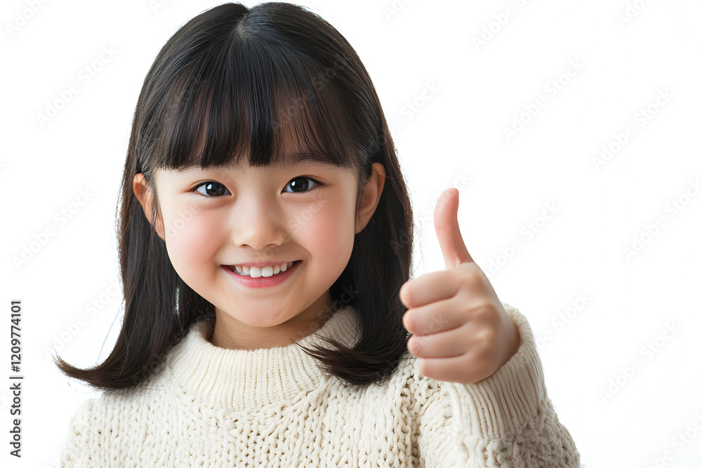 Positive Asian girl showing approval with thumbs up gesture, smiling brightly in cozy sweater. Her cheerful expression radiates happiness and confidence Positive Asian girl showing approval with thumbs up gesture, smiling brightly in cozy sweater. Her cheerful expression radiates happiness and confidence