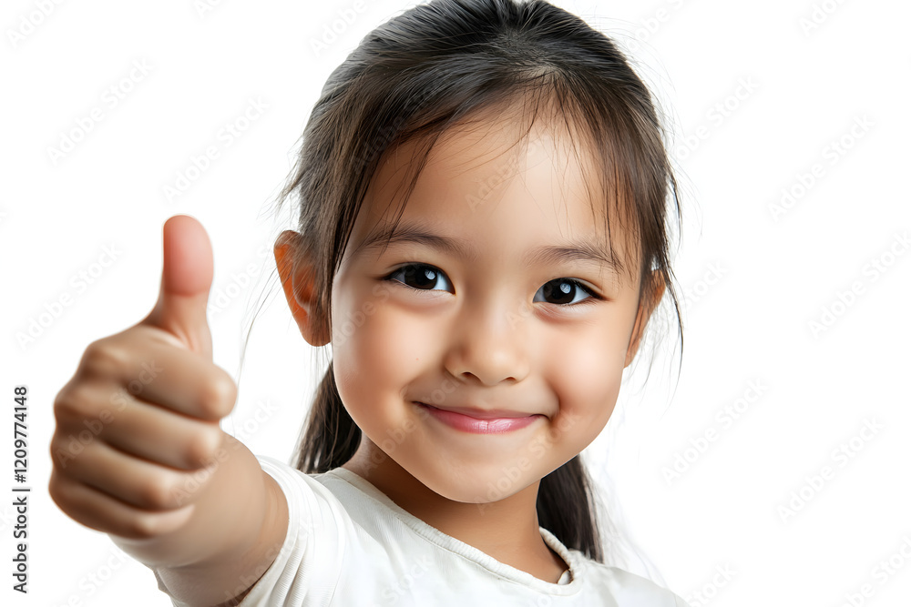 Positive Asian girl showing approval with thumbs up gesture, smiling brightly. Her joyful expression conveys happiness and confidence, making it uplifting image Positive Asian girl showing approval with thumbs up gesture, smiling brightly. Her joyful expression conveys happiness and confidence, making it uplifting image