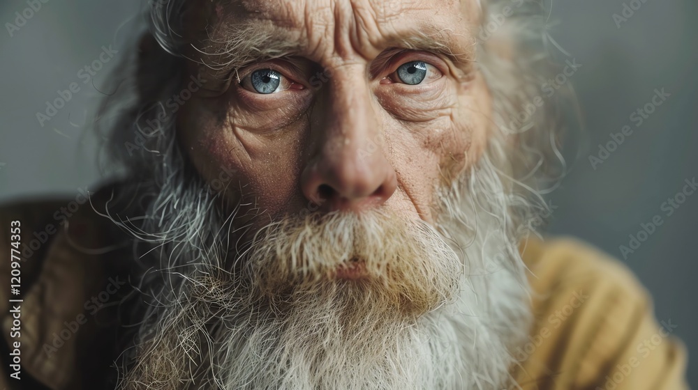 A close-up portrait of an elderly man with a long white beard and piercing blue eyes. A close-up portrait of an elderly man with a long white beard and piercing blue eyes.