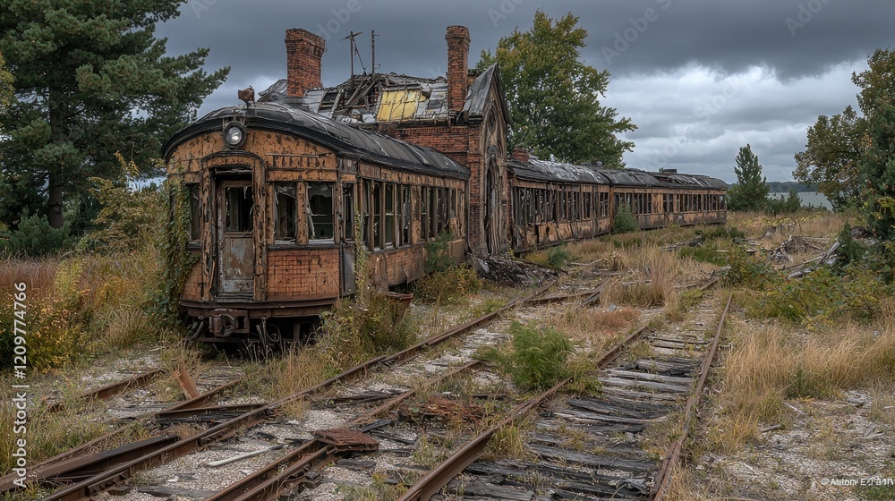 Derelict train station and carriages decaying on overgrown tracks Derelict train station and carriages decaying on overgrown tracks