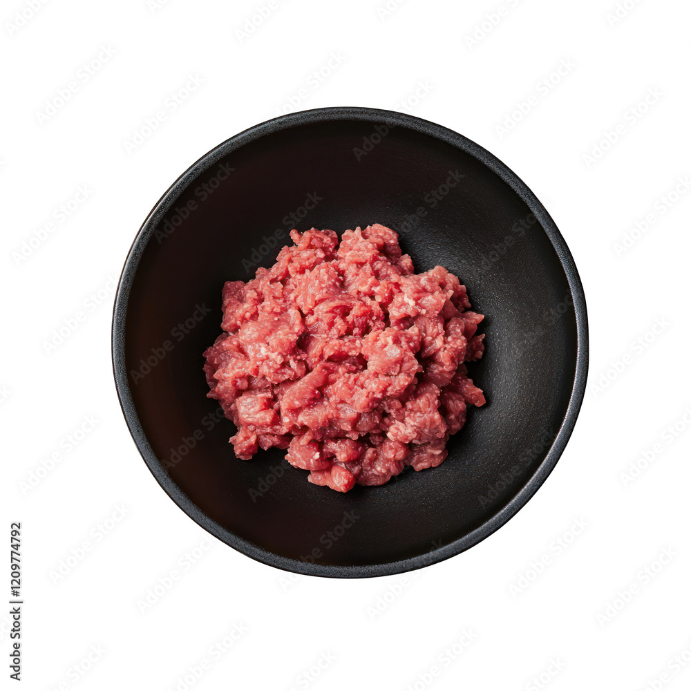 Raw ground beef on black bowl isolated on transparent background Raw ground beef on black bowl isolated on transparent background