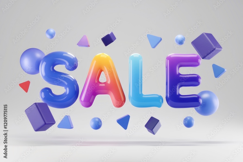 Naklejka premium Colorful 3D SALE text with vibrant gradient and floating geometric shapes.