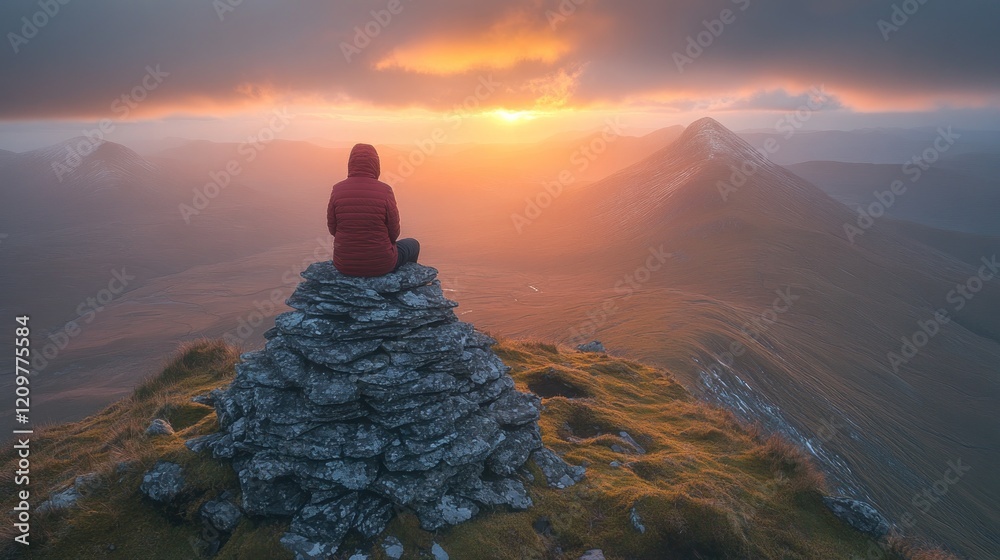 Sunset hiker mountaintop solitude scenic vista