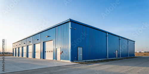 A Large Blue Metal Building with Multiple Doors for Industrial Use
