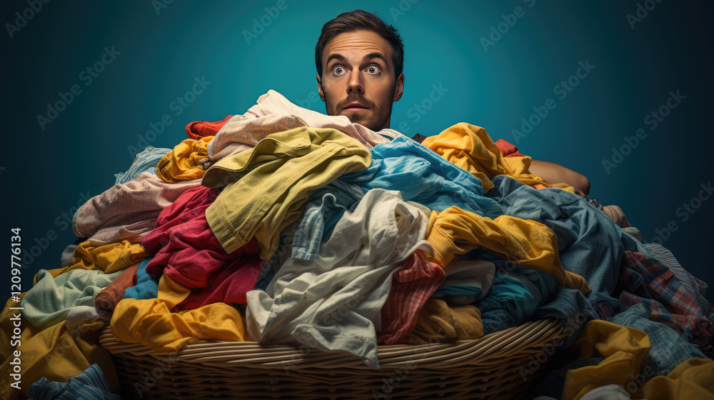 Obraz premium a distressed man looks overwhelmed by massive pile of colorful laundry, expressing frustration and surprise. chaotic scene captures struggle of managing household chores