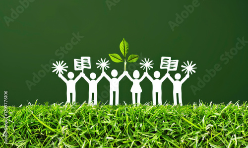 Creative representation of teamwork and sustainability with paper cutouts of diverse figures celebrating a green environment on a vibrant background